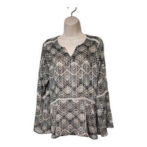Sunny Leigh Tunic Blouse Metallic Thread Bell Sleeve Lace Accent Size Large